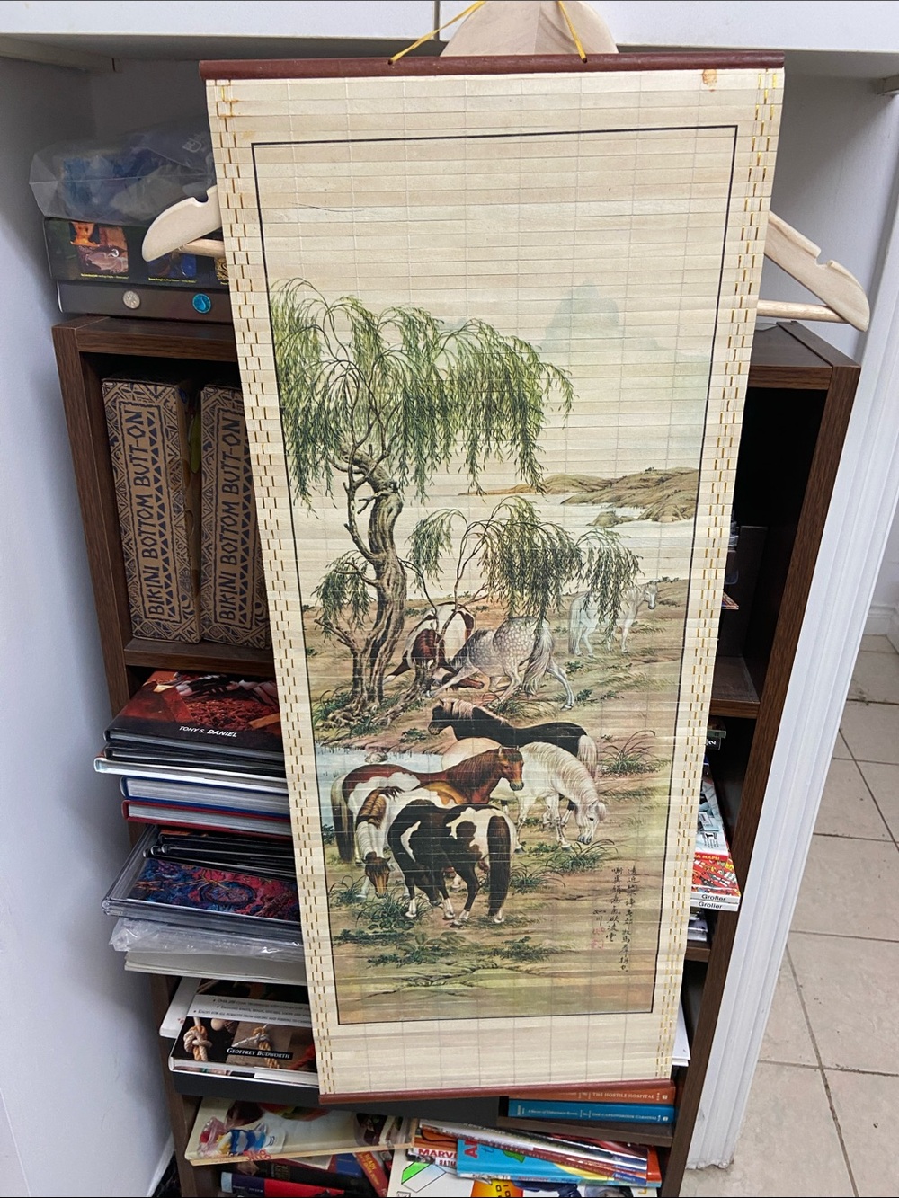 Vintage Asian Bamboo Wall Hanging Horses Scroll Art Decor